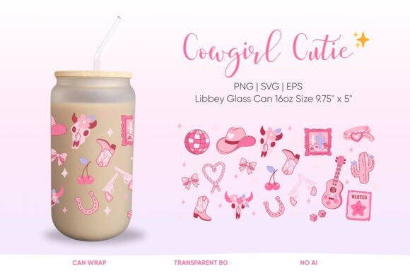 Cute Cowgirl Can Glass Wrap 16oz Libbey